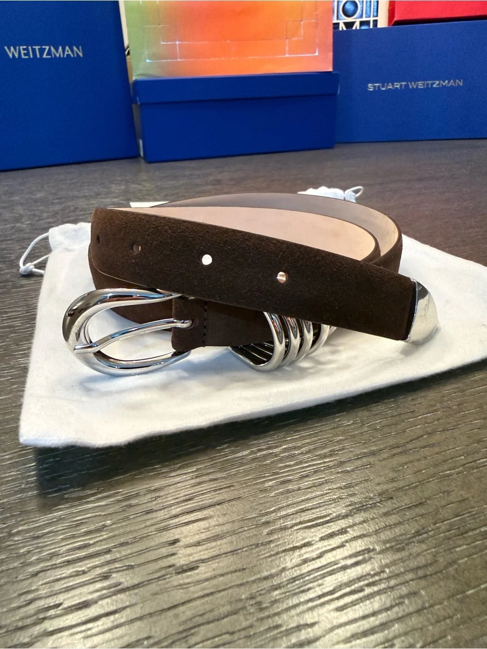Stuart Weitzman Brown Suede Belt with Polished Silver Buckle